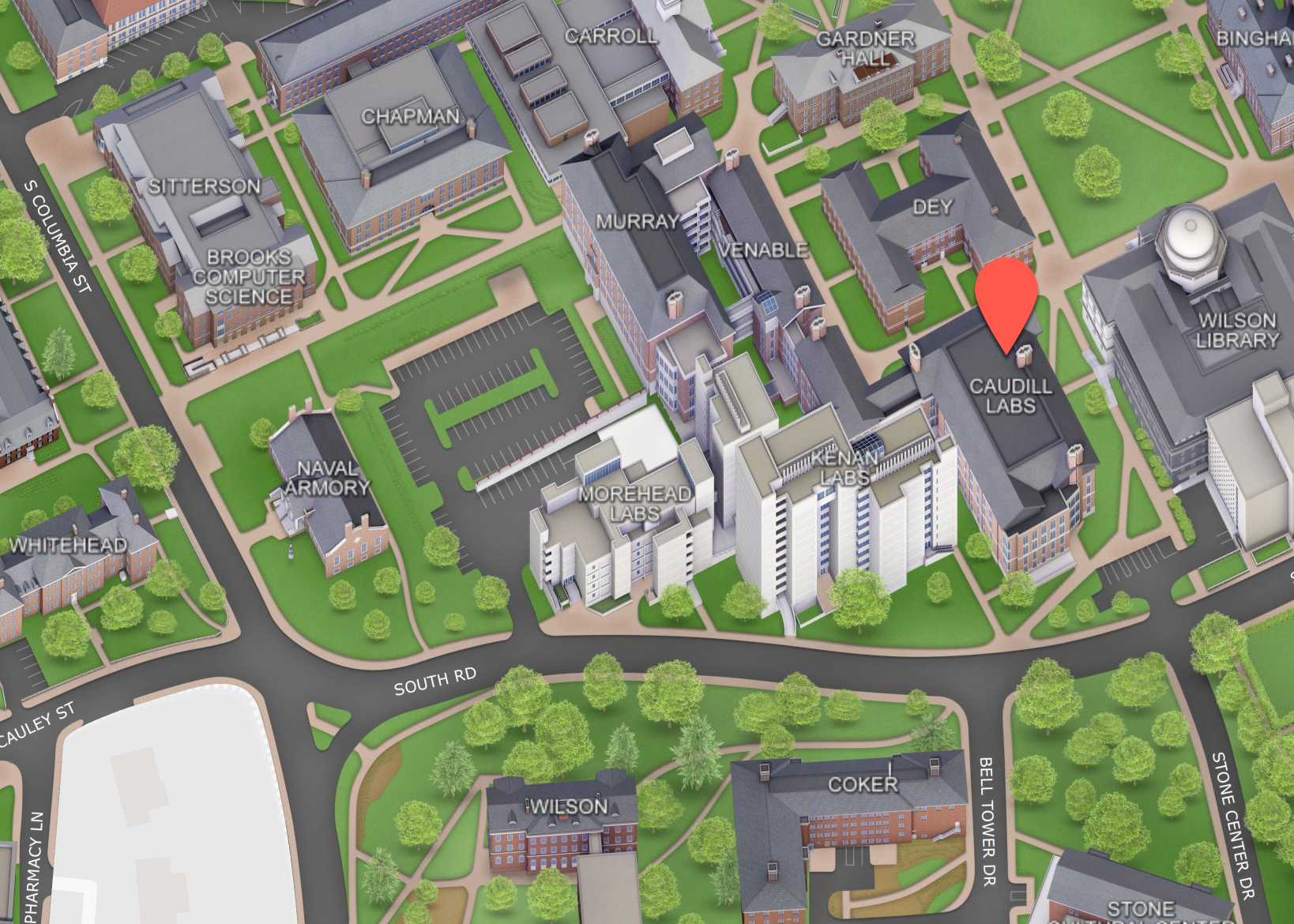 UNC campus map showing the location of the Caudill building